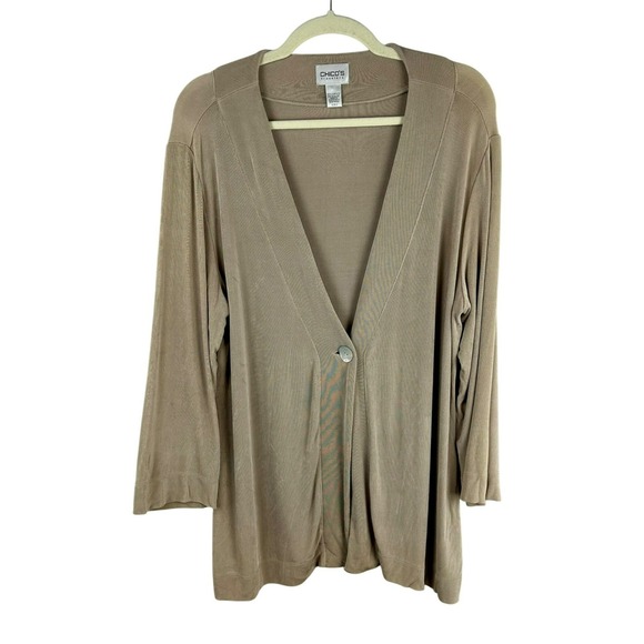 Chico's‎ Travelers Cardigan Sweater Women 3 US XL Tan Beige One Button Stretch - Picture 2 of 6
